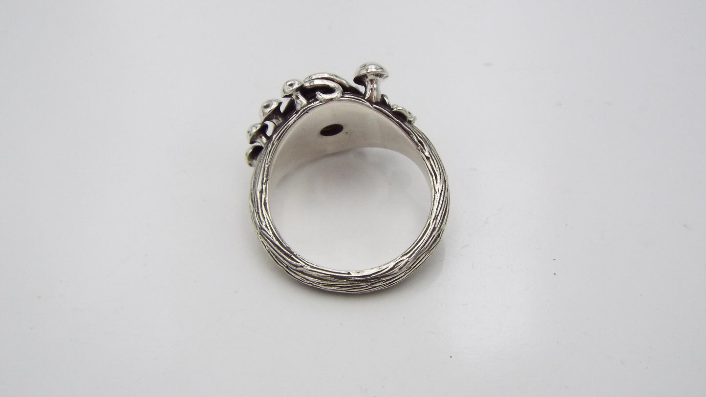 Magical Labradorite Mushroom and Flower Sterling Silver Ring - JF Fantasy Jewelry