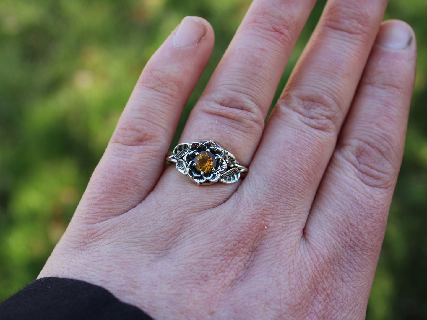 Radiant Bloom, Sterling Silver Citrine Lotus Ring - JF Fantasy Jewelry
