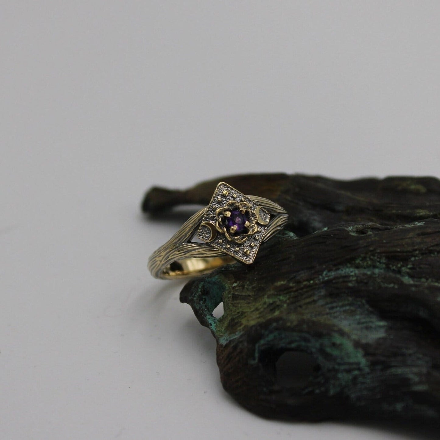 Lunar Bloom, Amethyst Gold Lotus Engagement Ring - JF Fantasy Jewelry