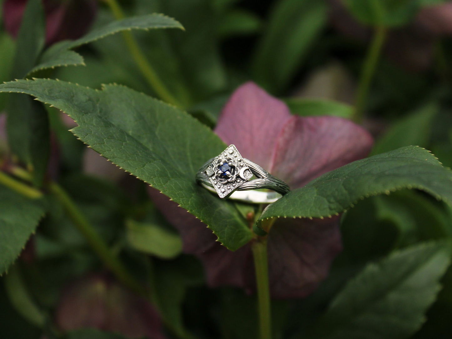 Lunar Bloom, Sapphire Lotus Engagement Ring - JF Fantasy Jewelry