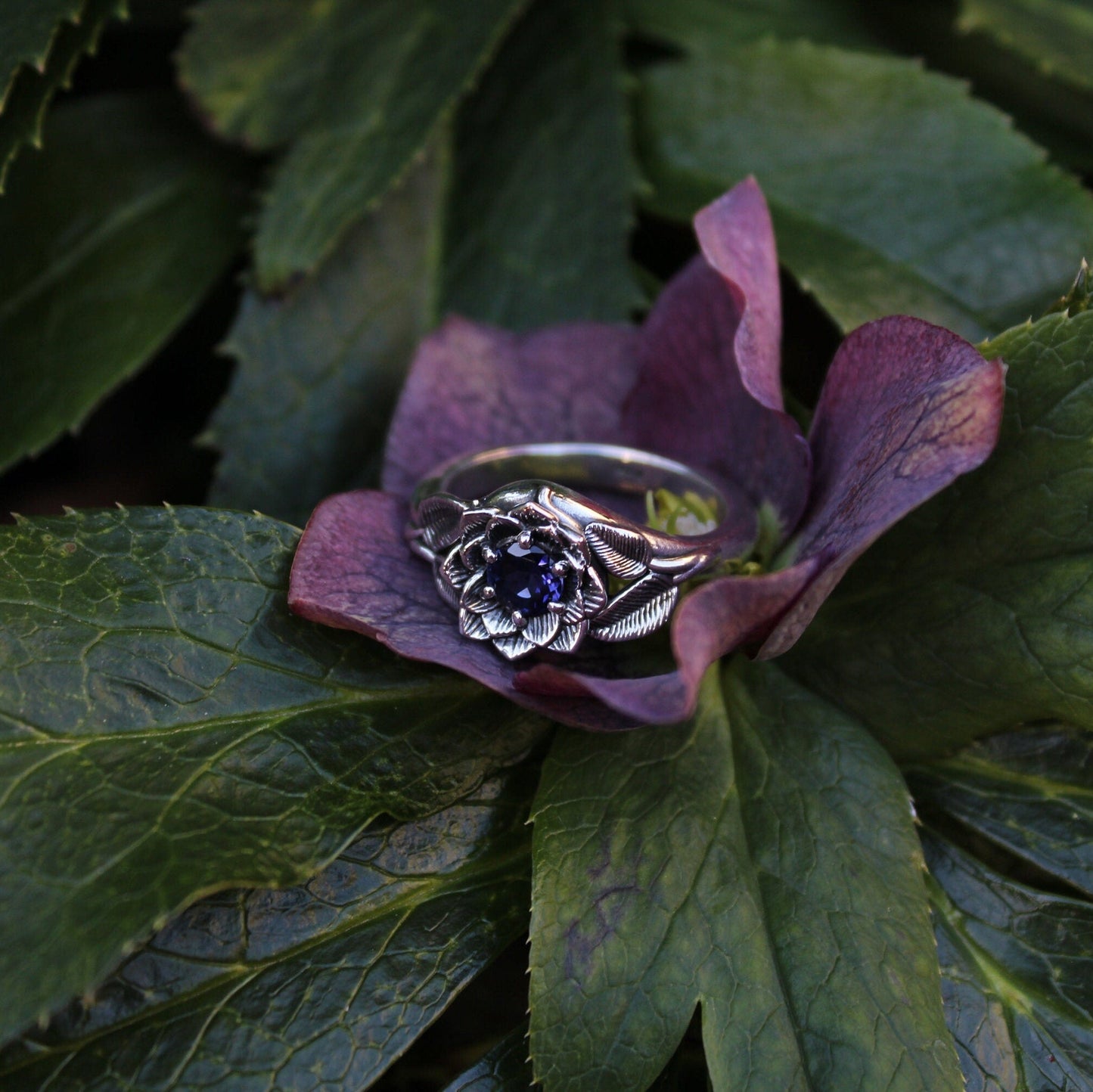 Radiant Bloom Set - Sterling Silver Iolite Lotus Bridal Set