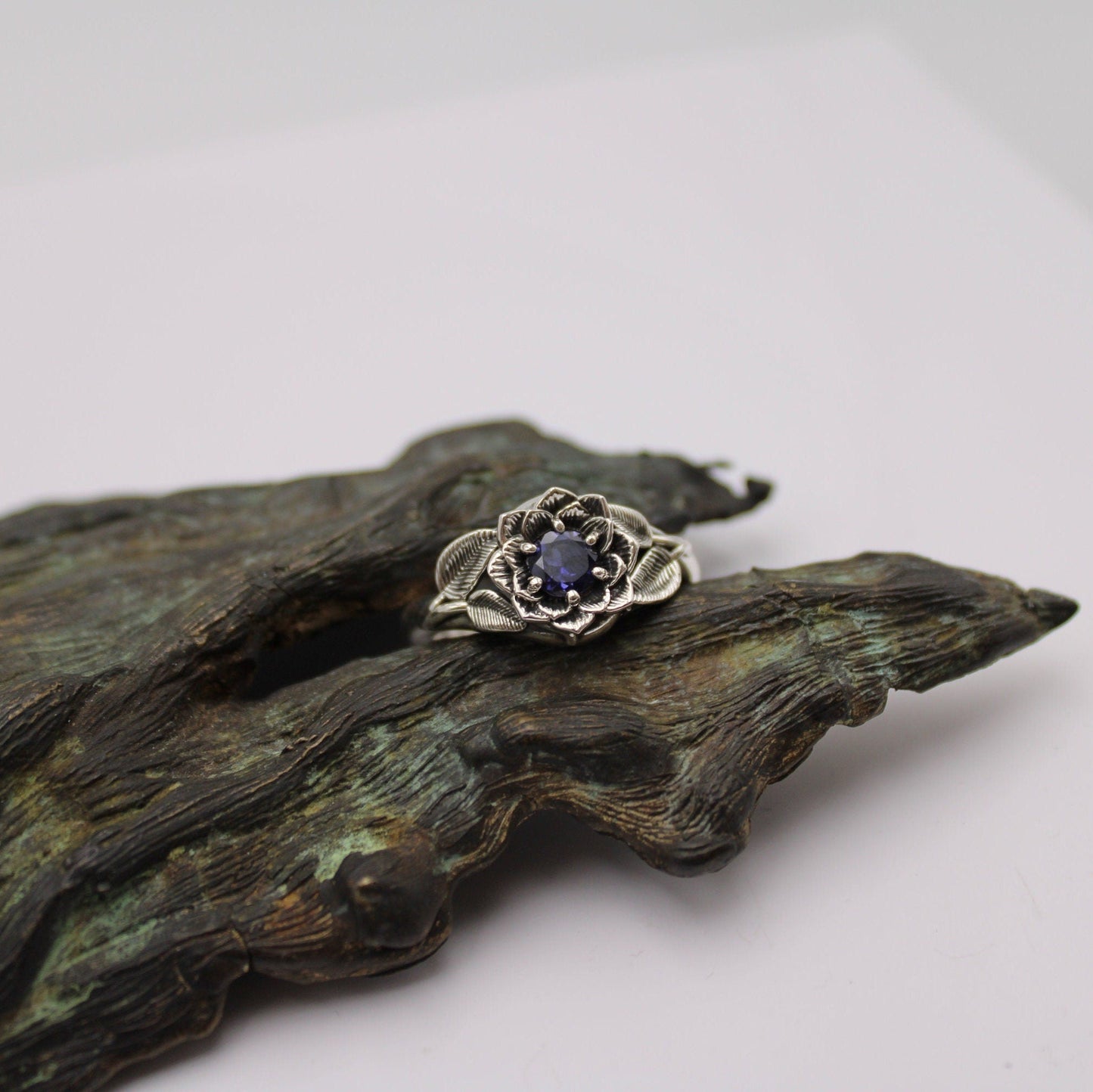 Radiant Bloom Set - Sterling Silver Iolite Lotus Bridal Set