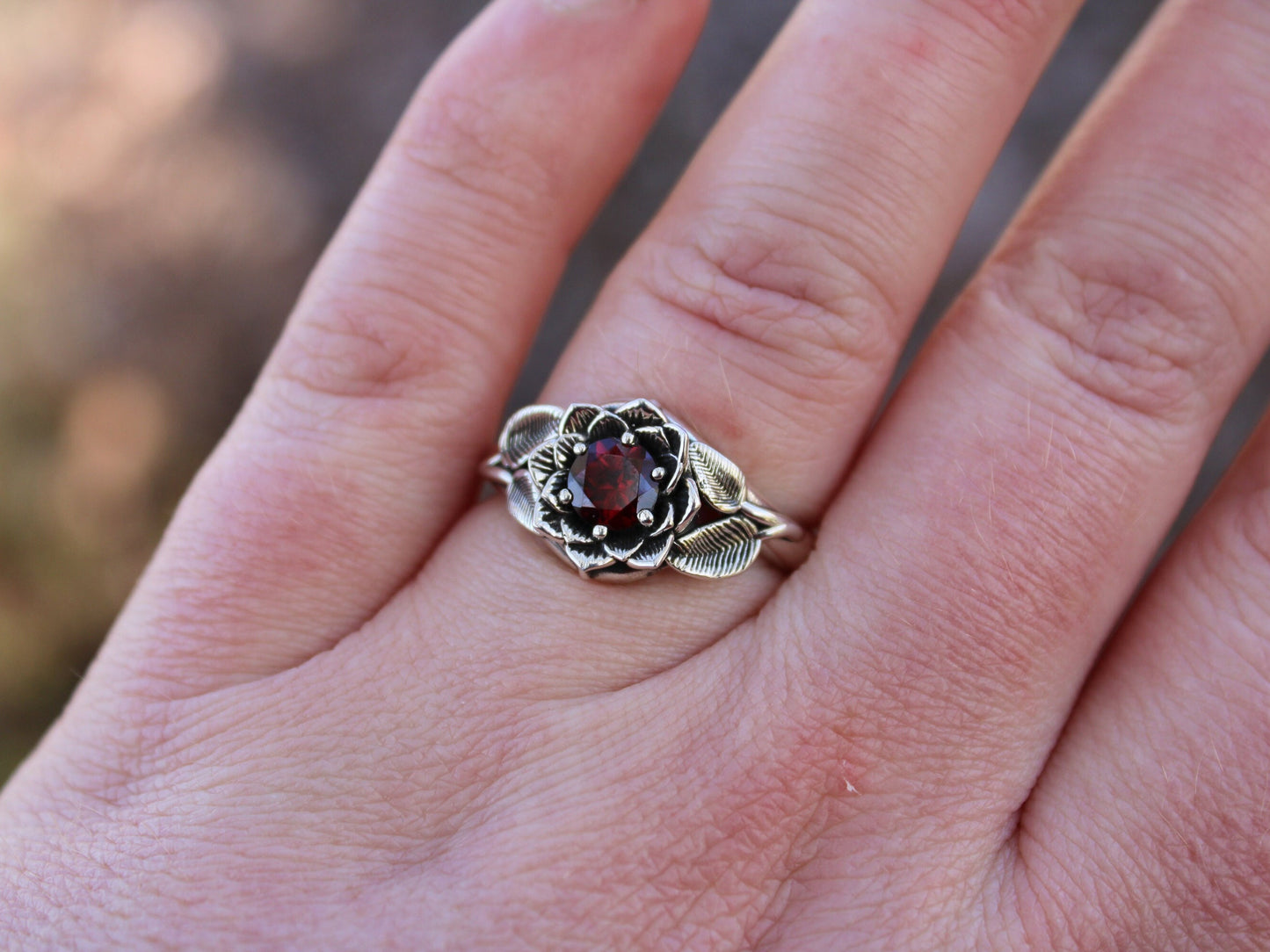 Radiant Bloom - Sterling Silver Garnet Lotus Ring