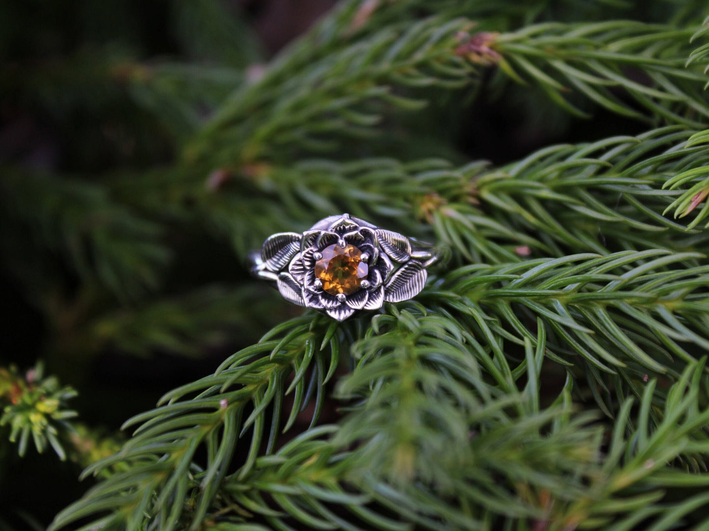 Radiant Bloom, Sterling Silver Citrine Lotus Ring - JF Fantasy Jewelry