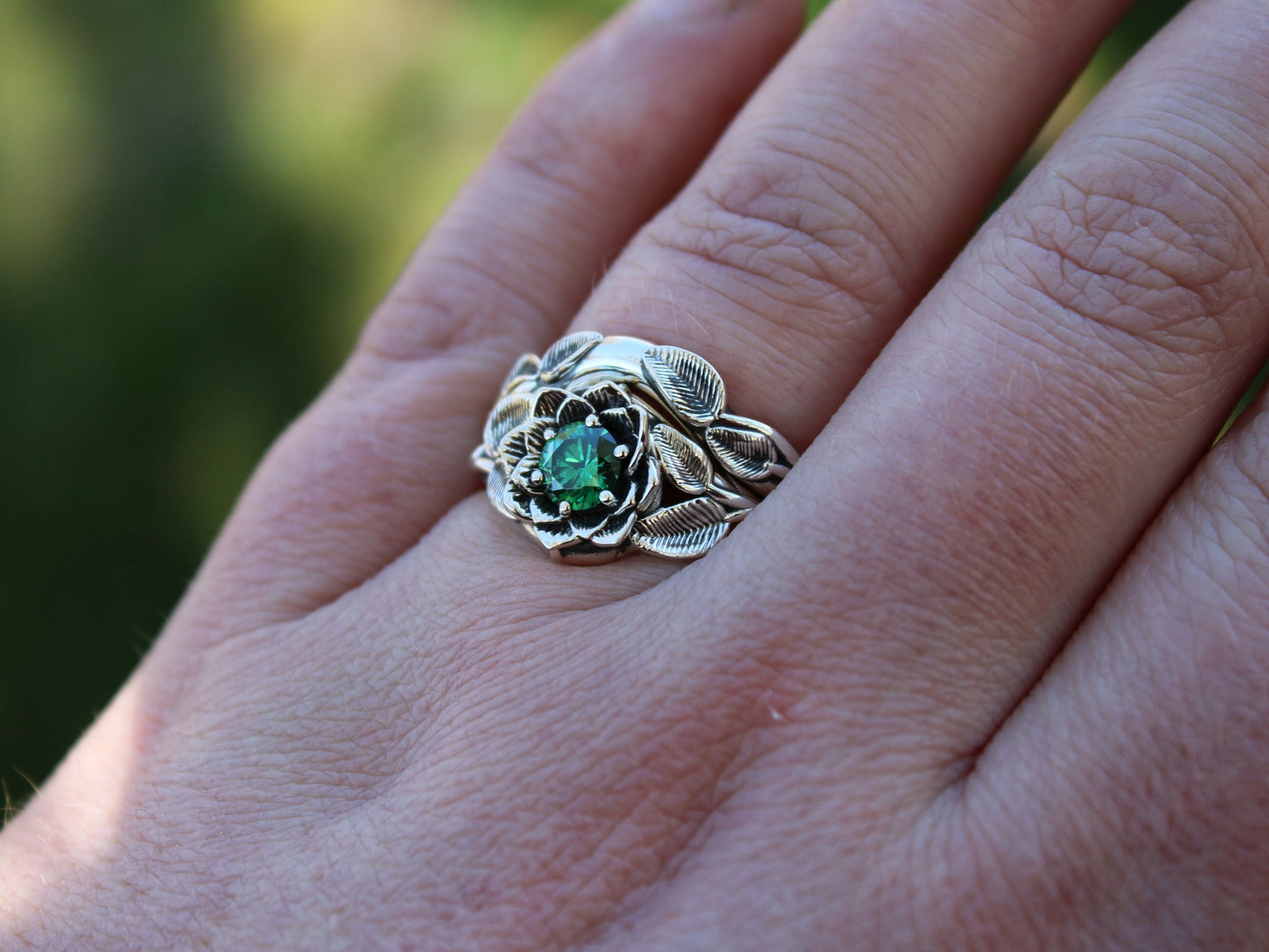 Radiant Bloom Set, Sterling Silver Green CZ Lotus Bridal Set - JF Fantasy Jewelry
