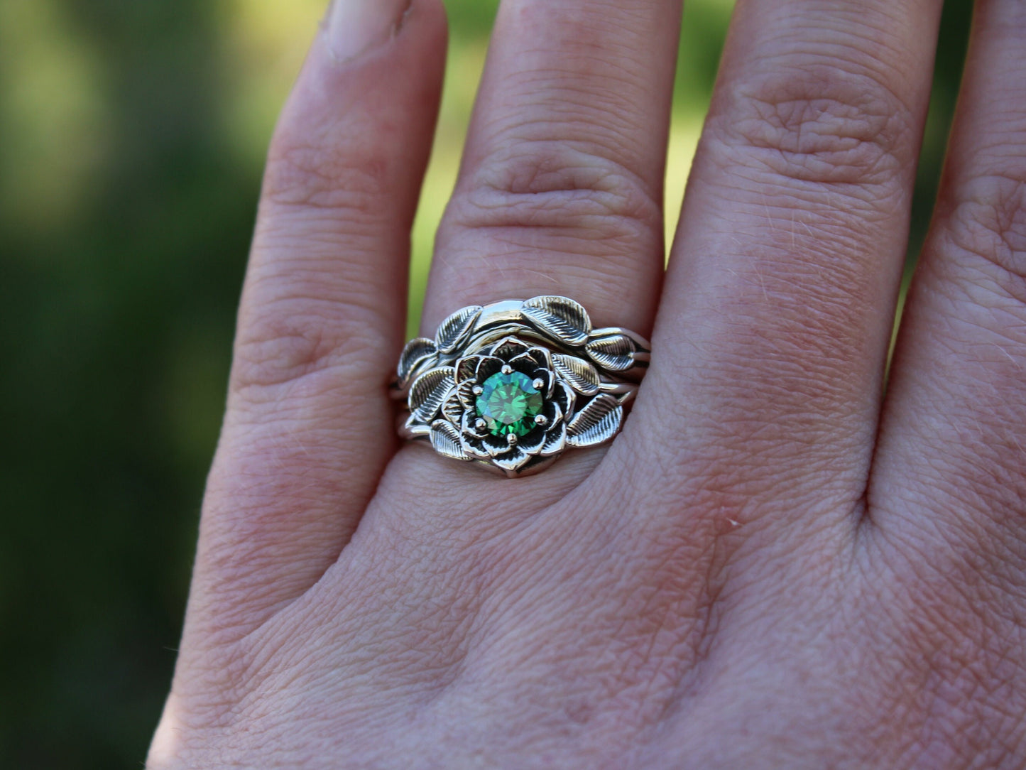 Radiant Bloom Set, Sterling Silver Green CZ Lotus Bridal Set - JF Fantasy Jewelry