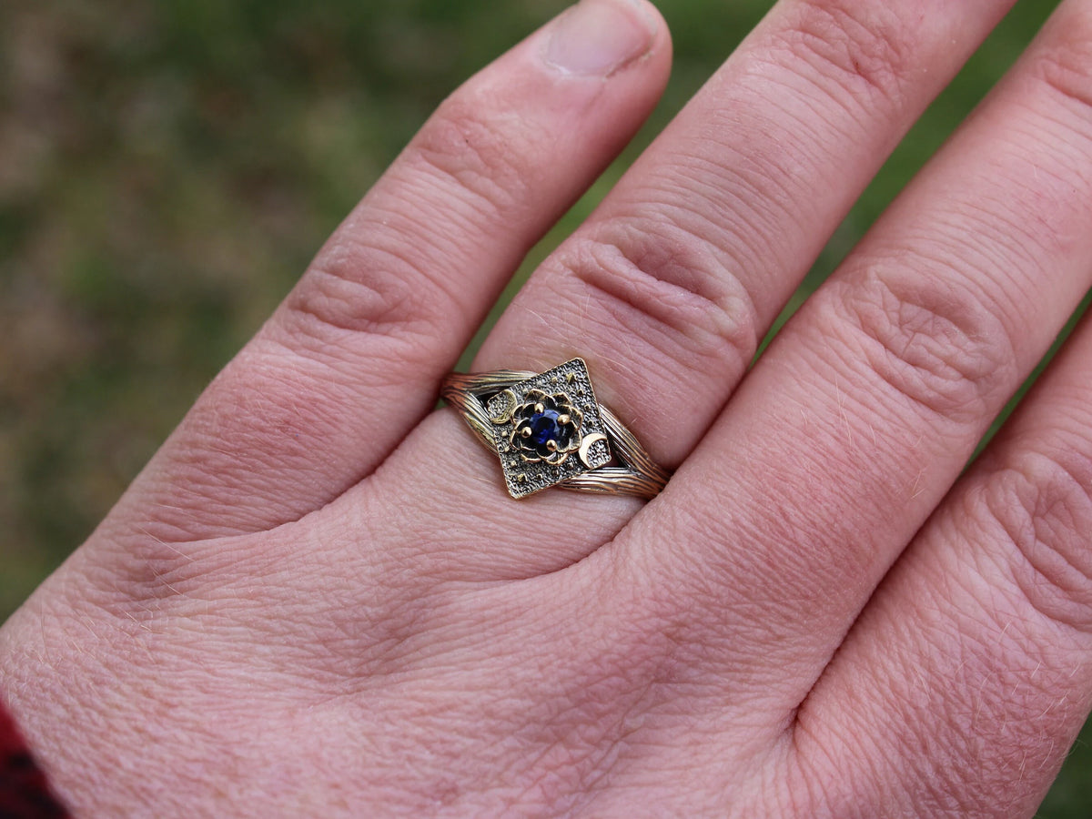 Lunar Bloom - Sapphire Gold Lotus Engagement Ring - JF Fantasy Jewelry