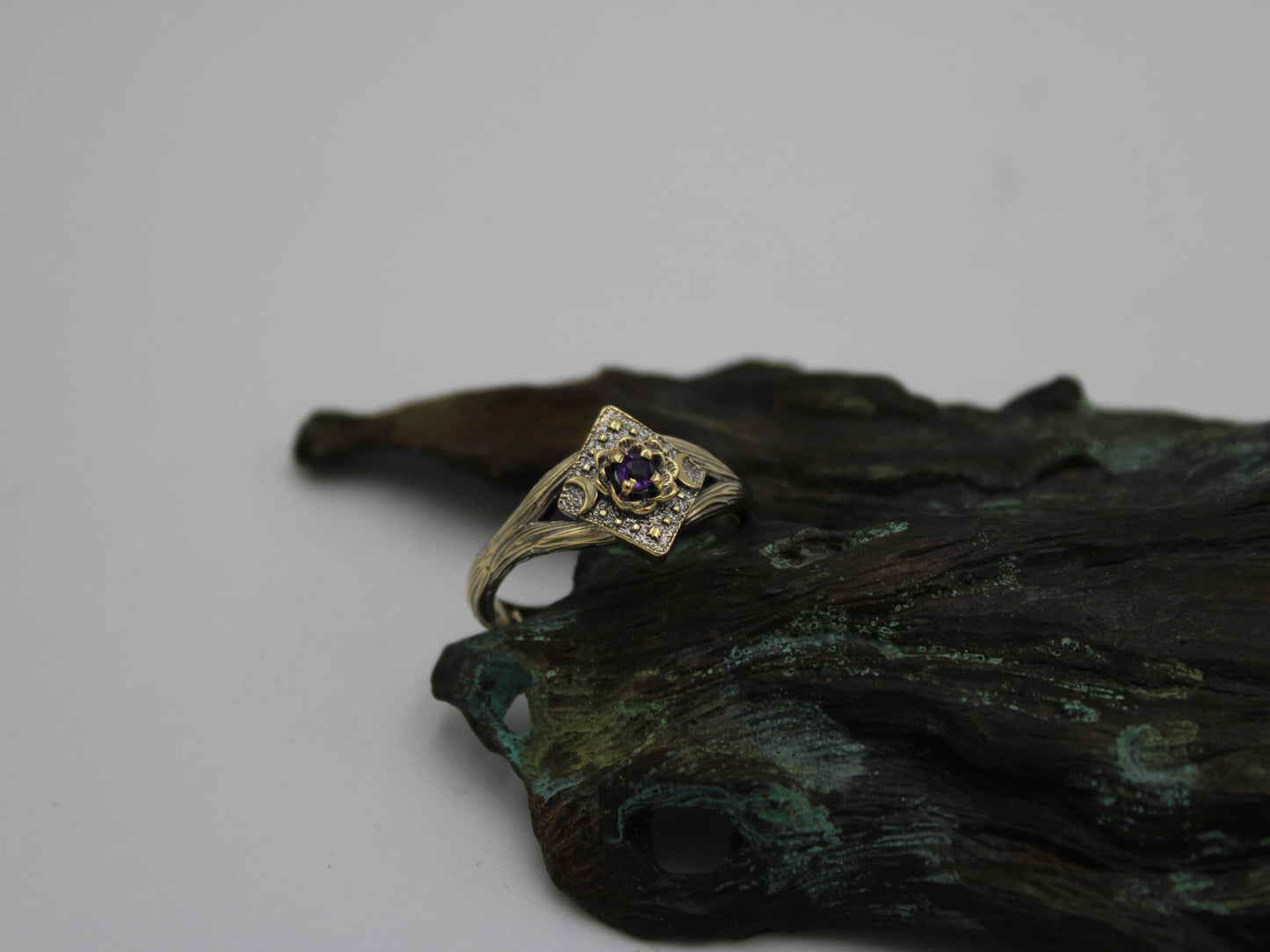 Lunar Bloom, Amethyst Gold Lotus Engagement Ring - JF Fantasy Jewelry