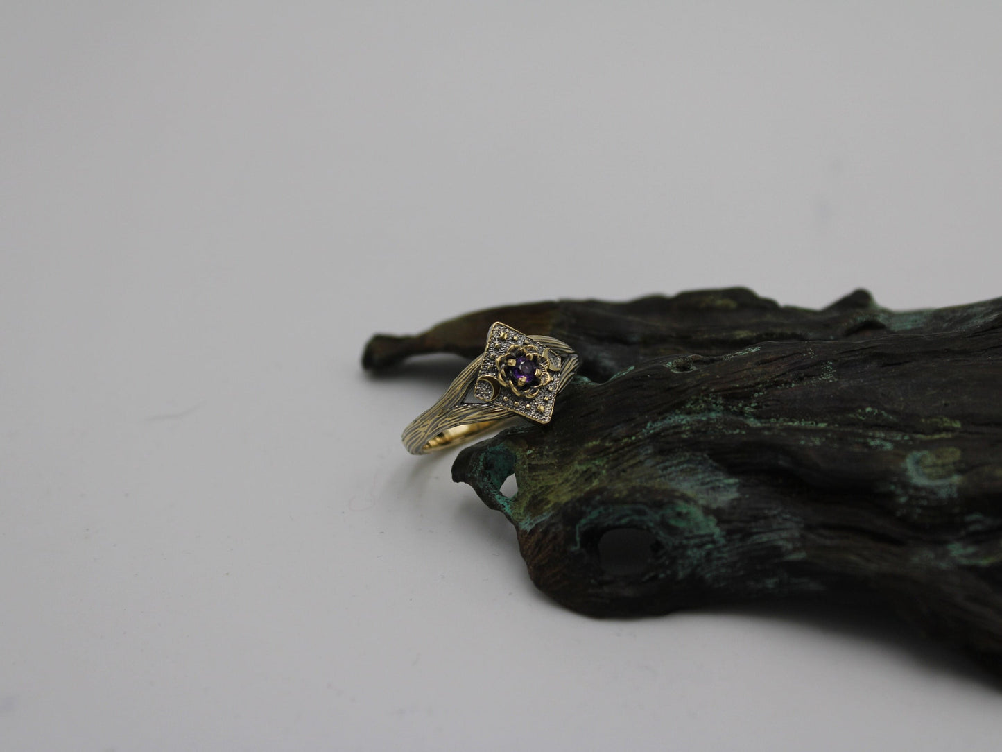 Lunar Bloom, Amethyst Gold Lotus Engagement Ring - JF Fantasy Jewelry