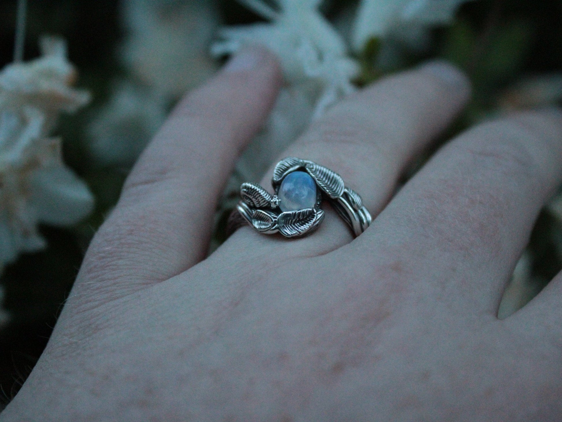 Leafy Trails - Moonstone Snail Ring - JF Fantasy Jewelry
