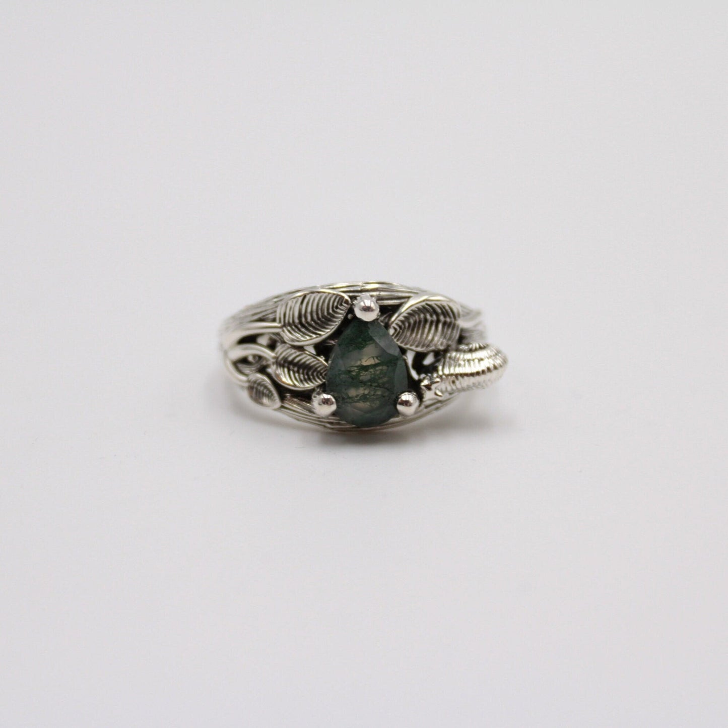 Garden Journey - Moss Agate Leaf Snail Ring - JF Fantasy Jewelry