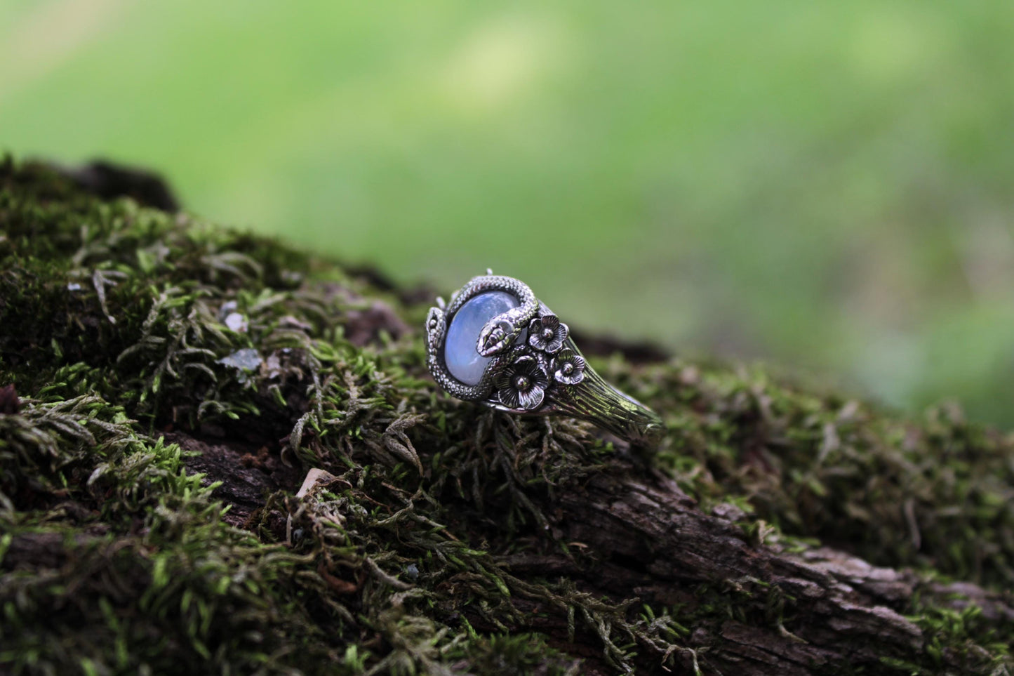 Snake & Bloom Ring – Moonstone Serpent Ring