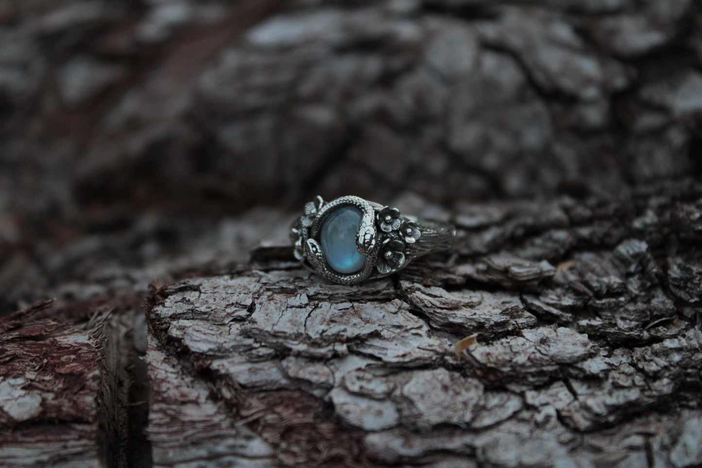 Snake & Bloom Ring – Moonstone Serpent Ring