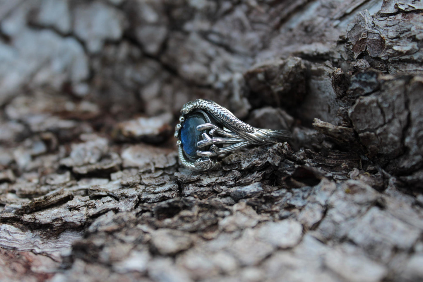 Serpent & Branch Ring - Sterling Silver Labradorite Ring