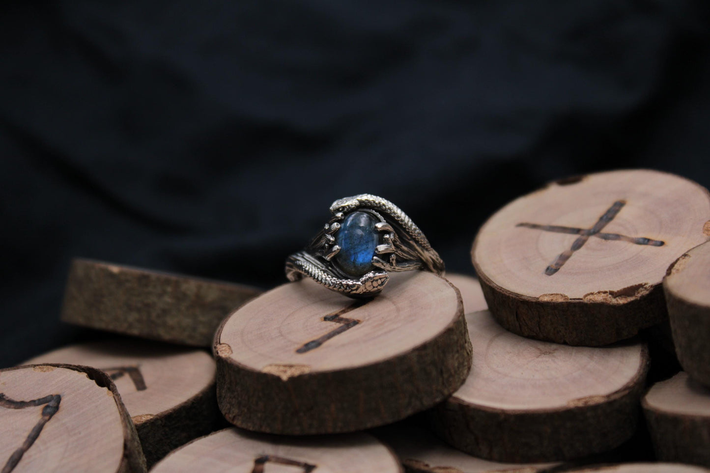 Serpent & Branch Ring - Sterling Silver Labradorite Ring