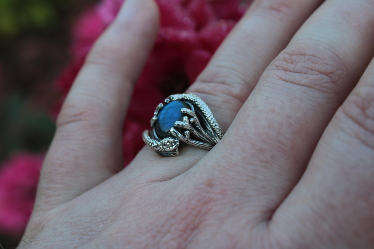 Serpent & Branch Ring - Sterling Silver Labradorite Ring