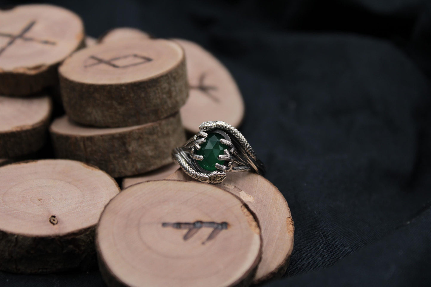 Serpent & Branch Ring - Sterling Silver Green Onyx Ring