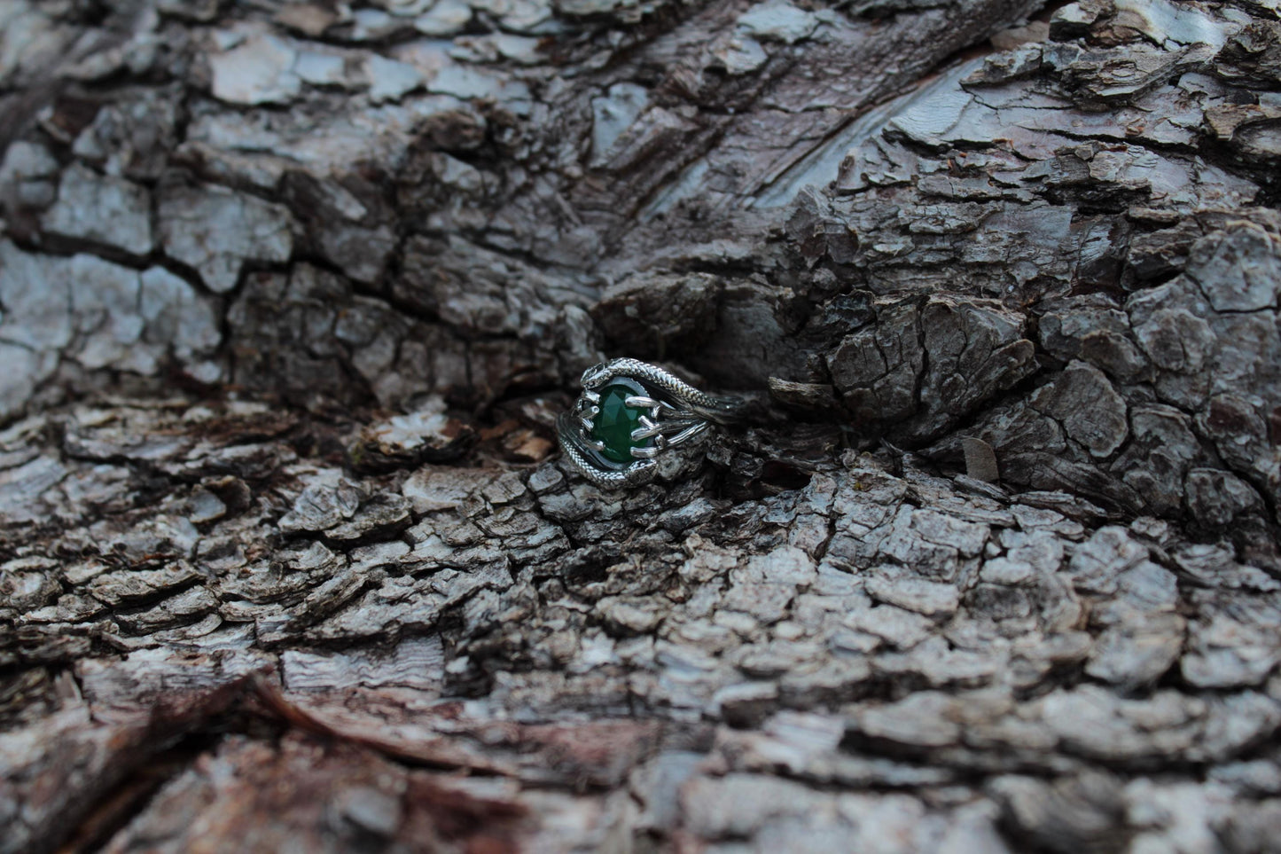 Serpent & Branch Ring - Sterling Silver Green Onyx Ring