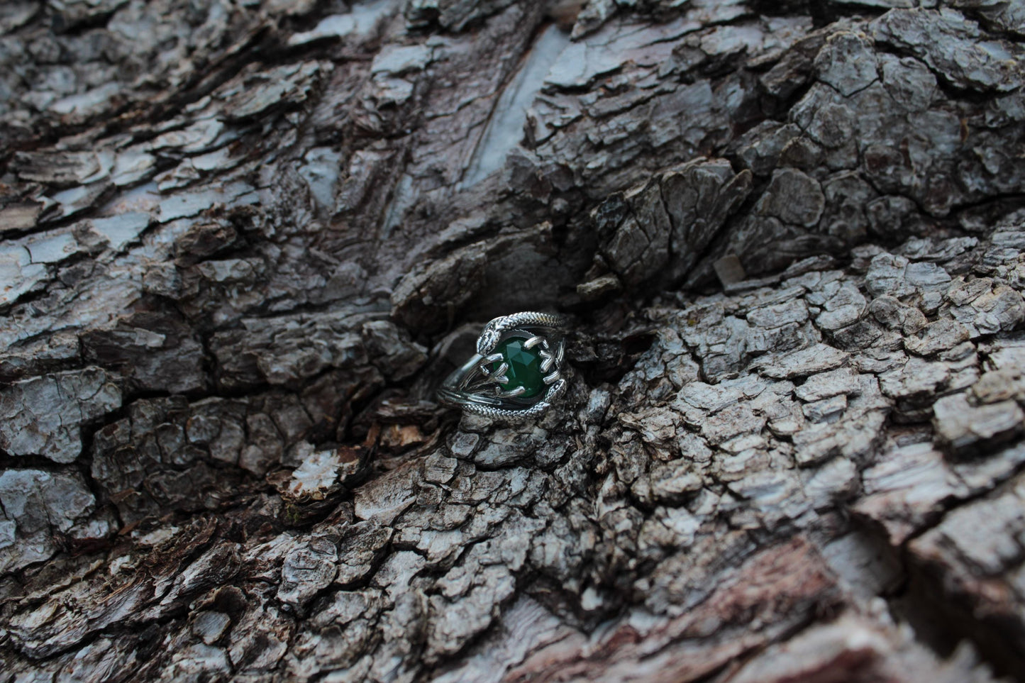 Serpent & Branch Ring - Sterling Silver Green Onyx Ring