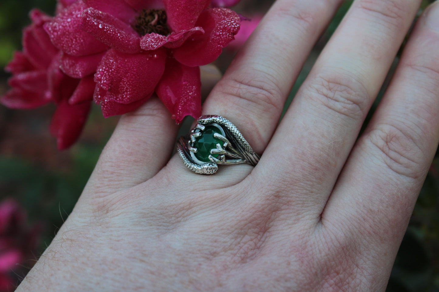 Serpent & Branch Ring - Sterling Silver Green Onyx Ring
