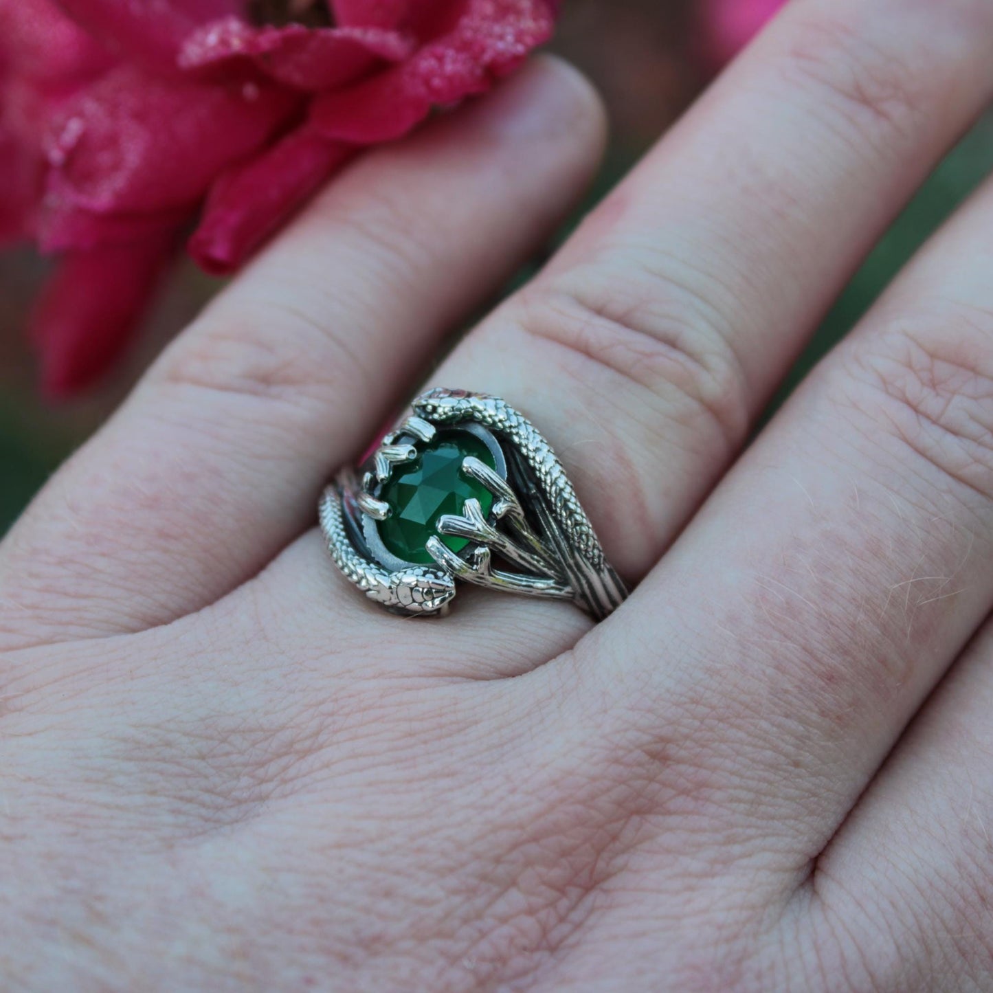Serpent & Branch Ring - Sterling Silver Green Onyx Ring