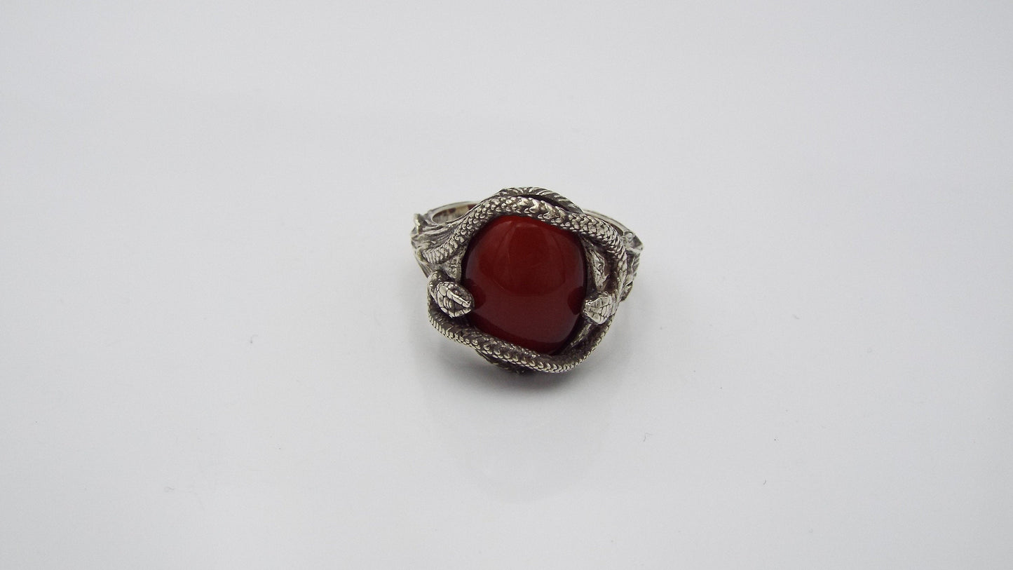 Large Red Carnelian Silver Snake Theme Ring - JF Fantasy Jewelry
