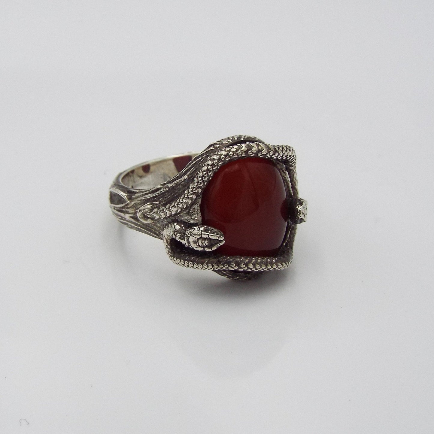 Large Red Carnelian Silver Snake Theme Ring - JF Fantasy Jewelry