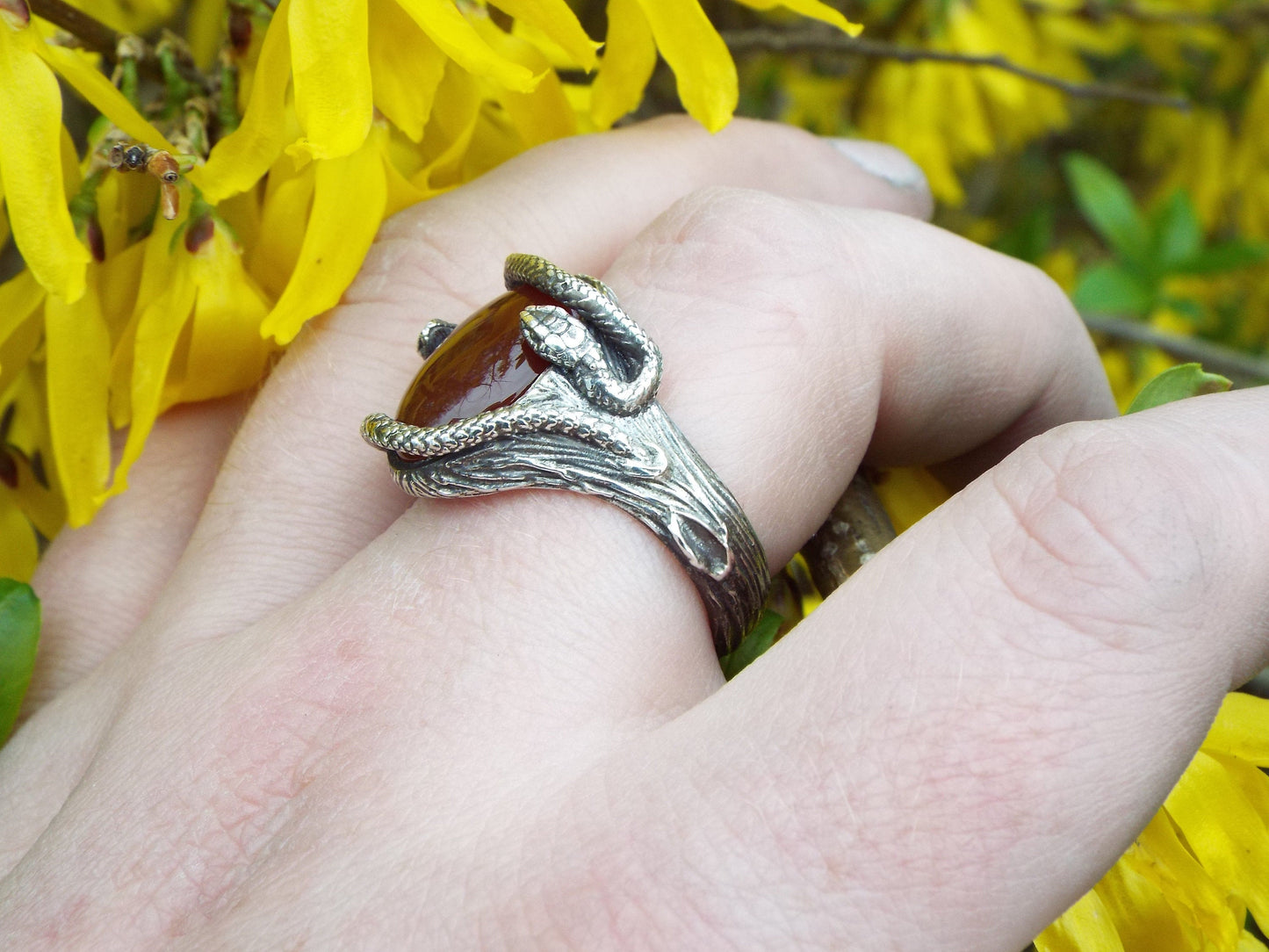Large Red Carnelian Silver Snake Theme Ring - JF Fantasy Jewelry
