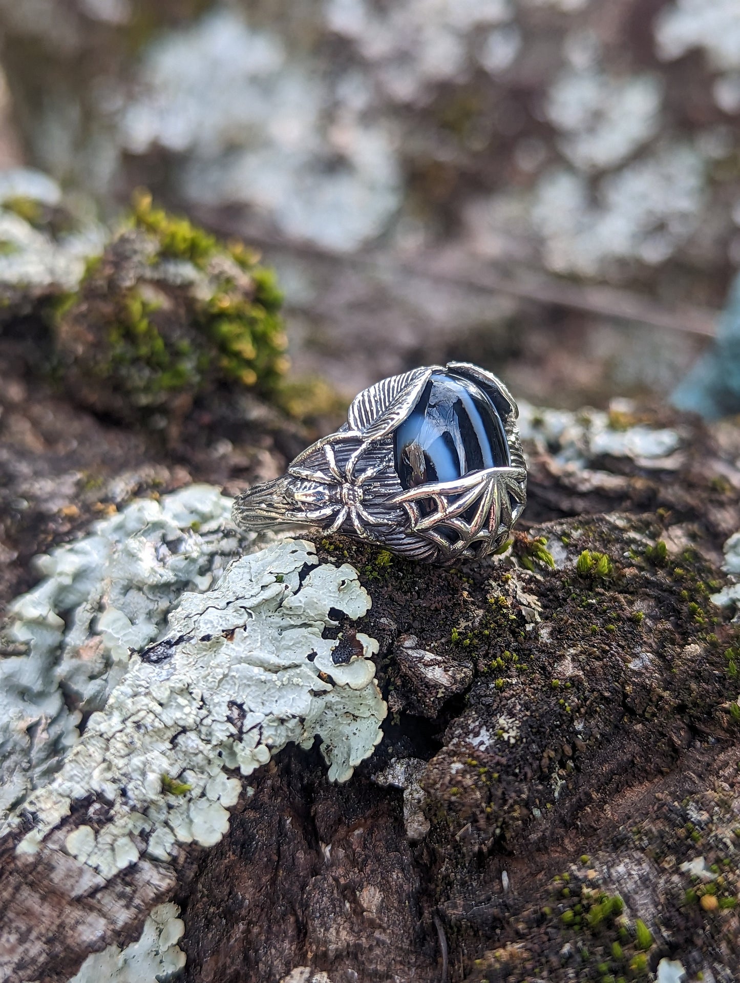 Black Lace Agate Spider Ring - JF Fantasy Jewelry