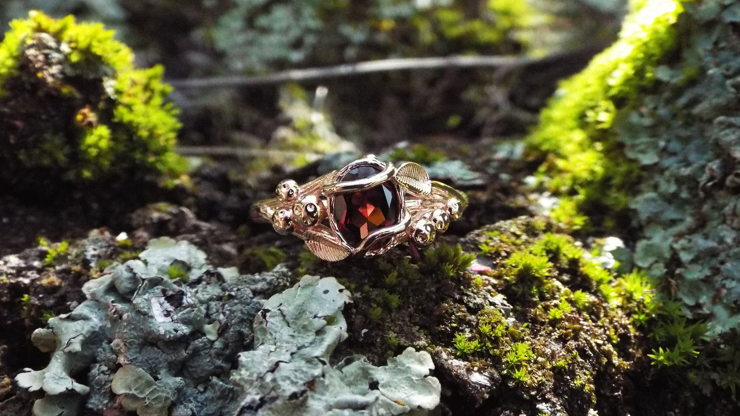 Garnet Mushroom Gold Solitaire Ring - JF Fantasy Jewelry