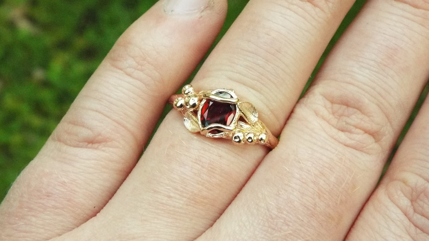 Garnet Mushroom Gold Solitaire Ring - JF Fantasy Jewelry