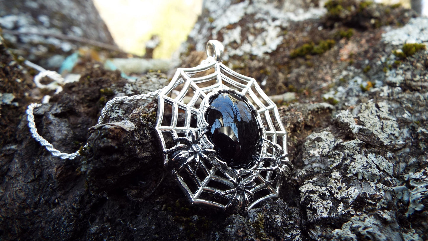 Nest Of Spiders Sterling Silver Necklace with Black Onyx Spider Pendant - JF Fantasy Jewelry