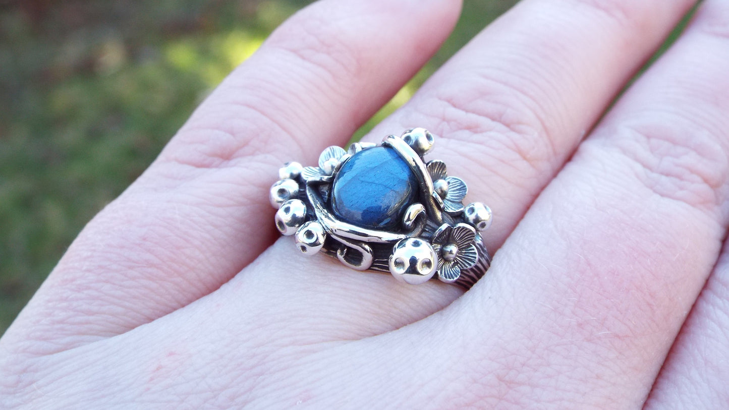 Magical Labradorite Mushroom and Flower Sterling Silver Ring - JF Fantasy Jewelry