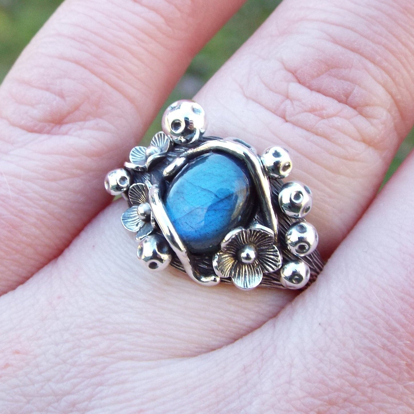 Magical Labradorite Mushroom and Flower Sterling Silver Ring - JF Fantasy Jewelry
