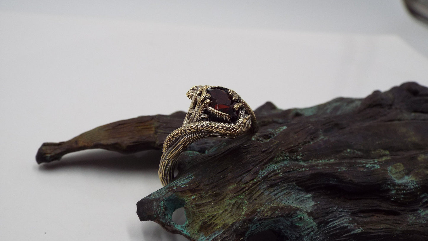 Teardrop Garnet Golden Snake Ring - JF Fantasy Jewelry