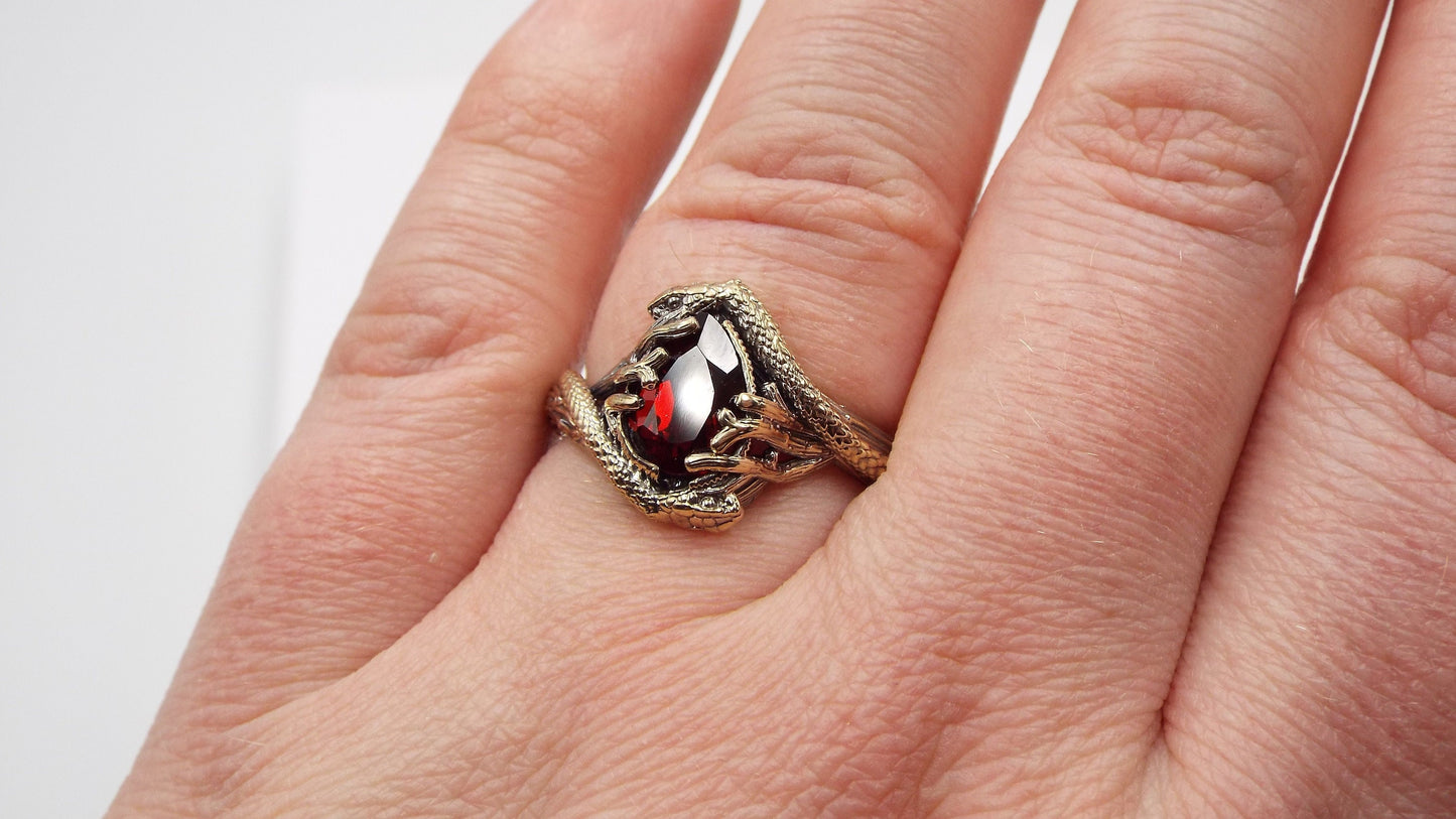 Teardrop Garnet Golden Snake Ring - JF Fantasy Jewelry