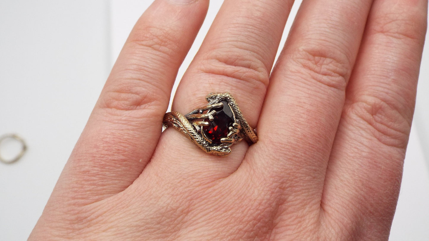Teardrop Garnet Golden Snake Ring - JF Fantasy Jewelry