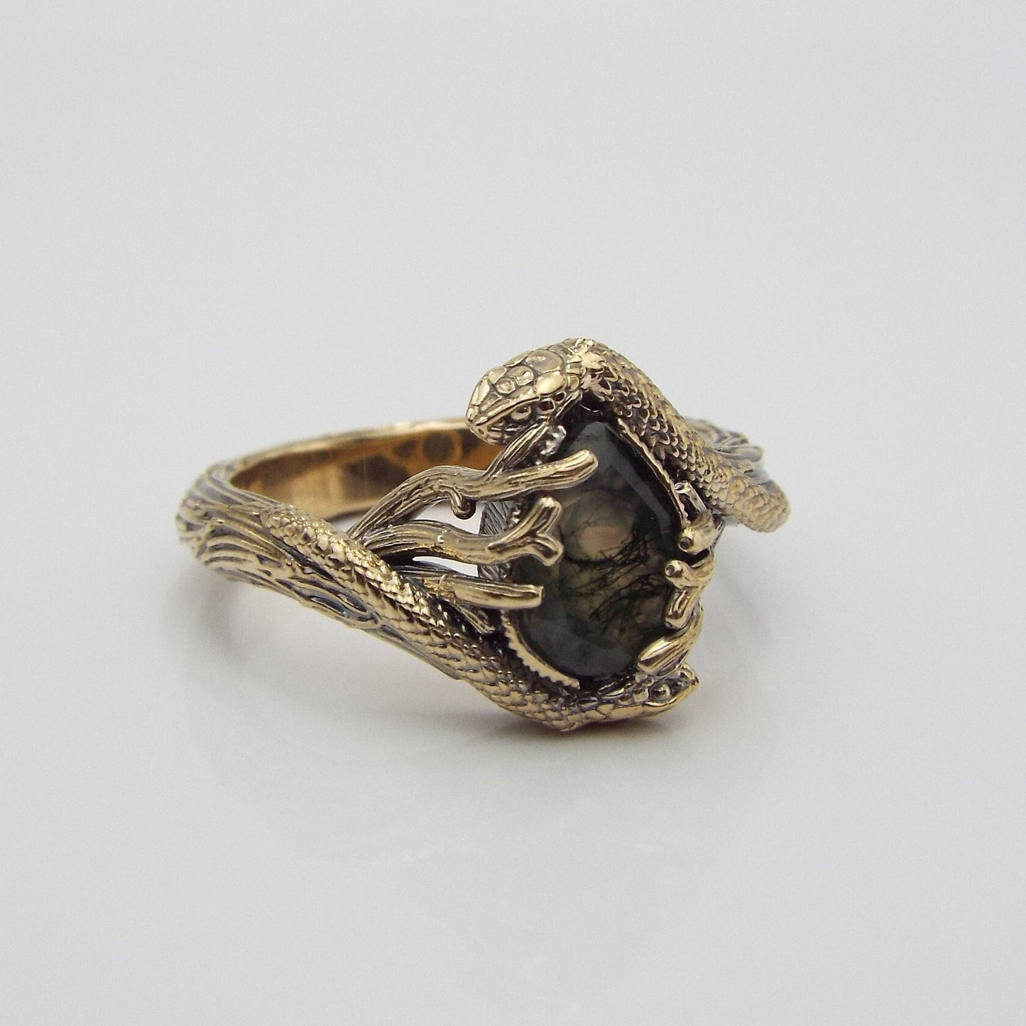 Teardrop Moss Agate Golden Snake Ring - JF Fantasy Jewelry