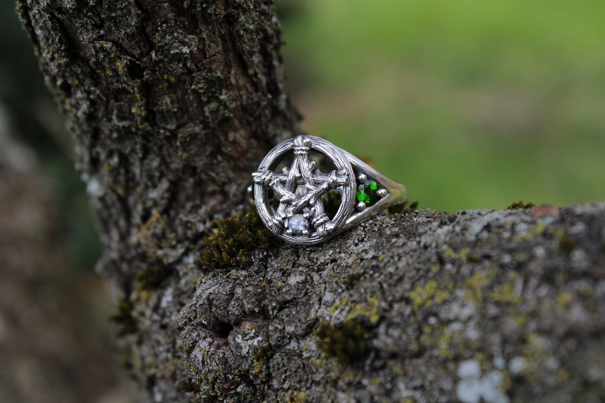 Witch's Star - Moonstone and Emerald Ring - JF Fantasy Jewelry