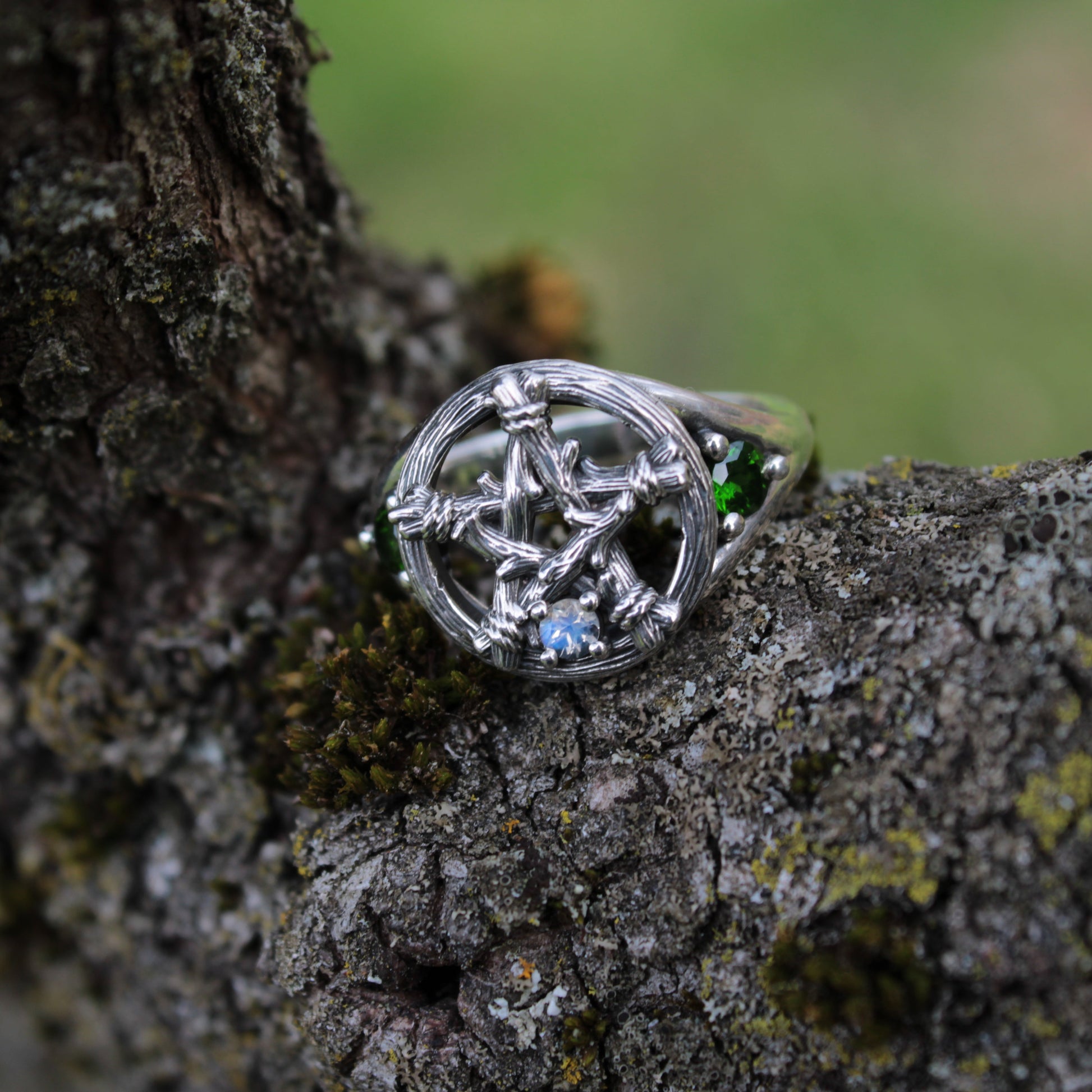 Witch's Star - Moonstone and Emerald Ring - JF Fantasy Jewelry