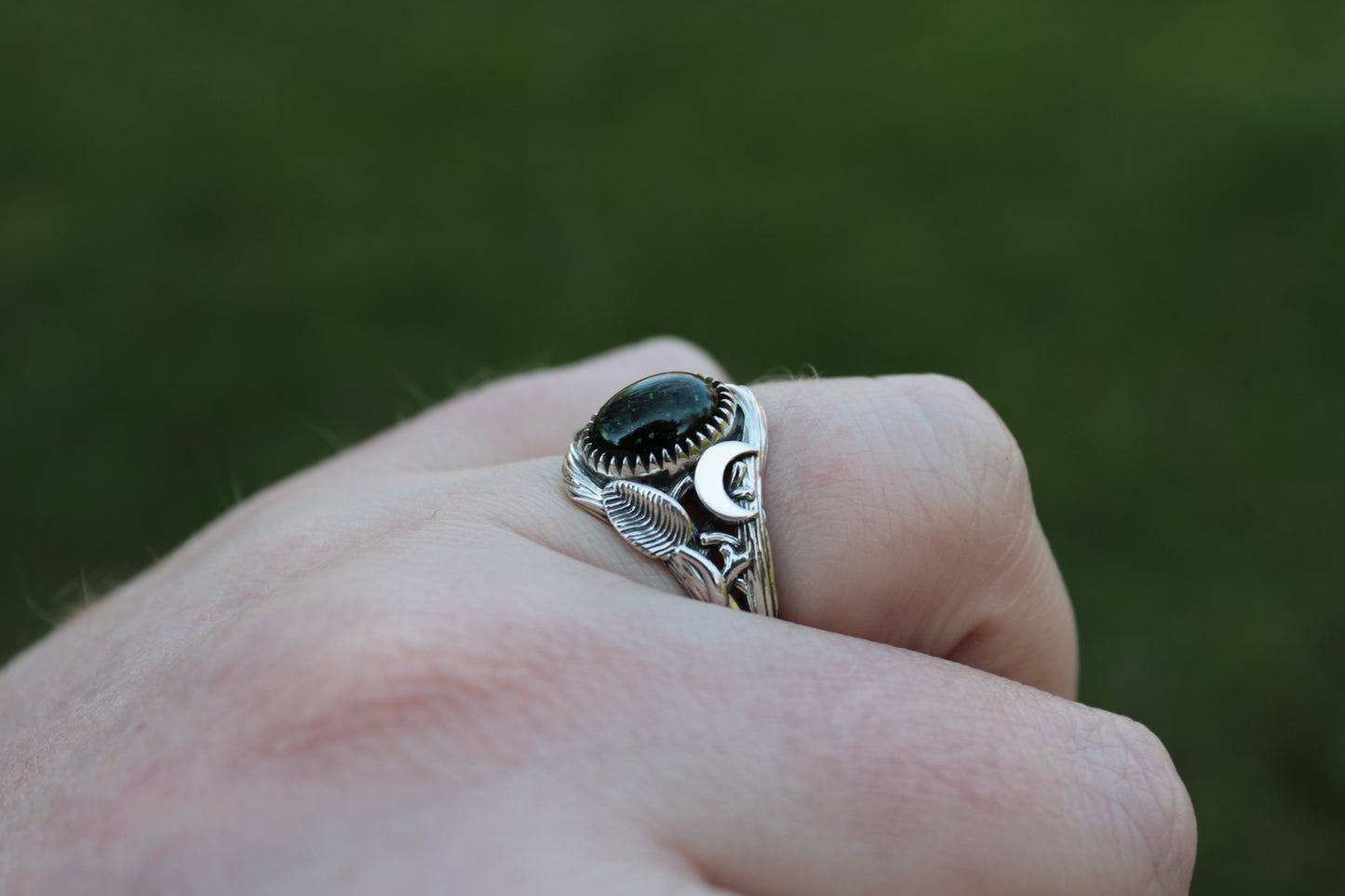 Witchlight Grove Ring - Green Sunstone Sterling Silver Ring - JF Fantasy Jewelry