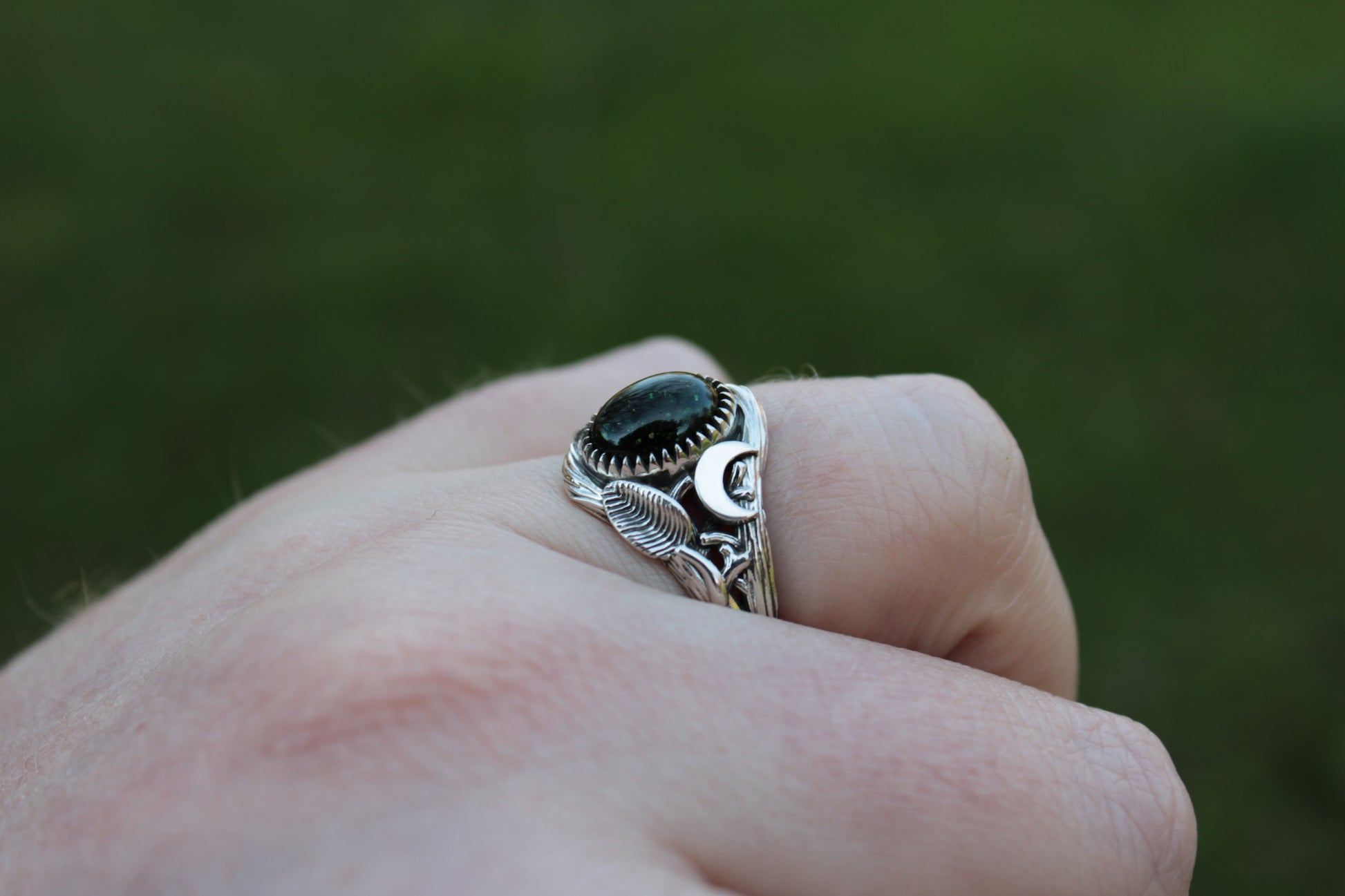 Witchlight Grove Ring - Green Sunstone Sterling Silver Ring - JF Fantasy Jewelry