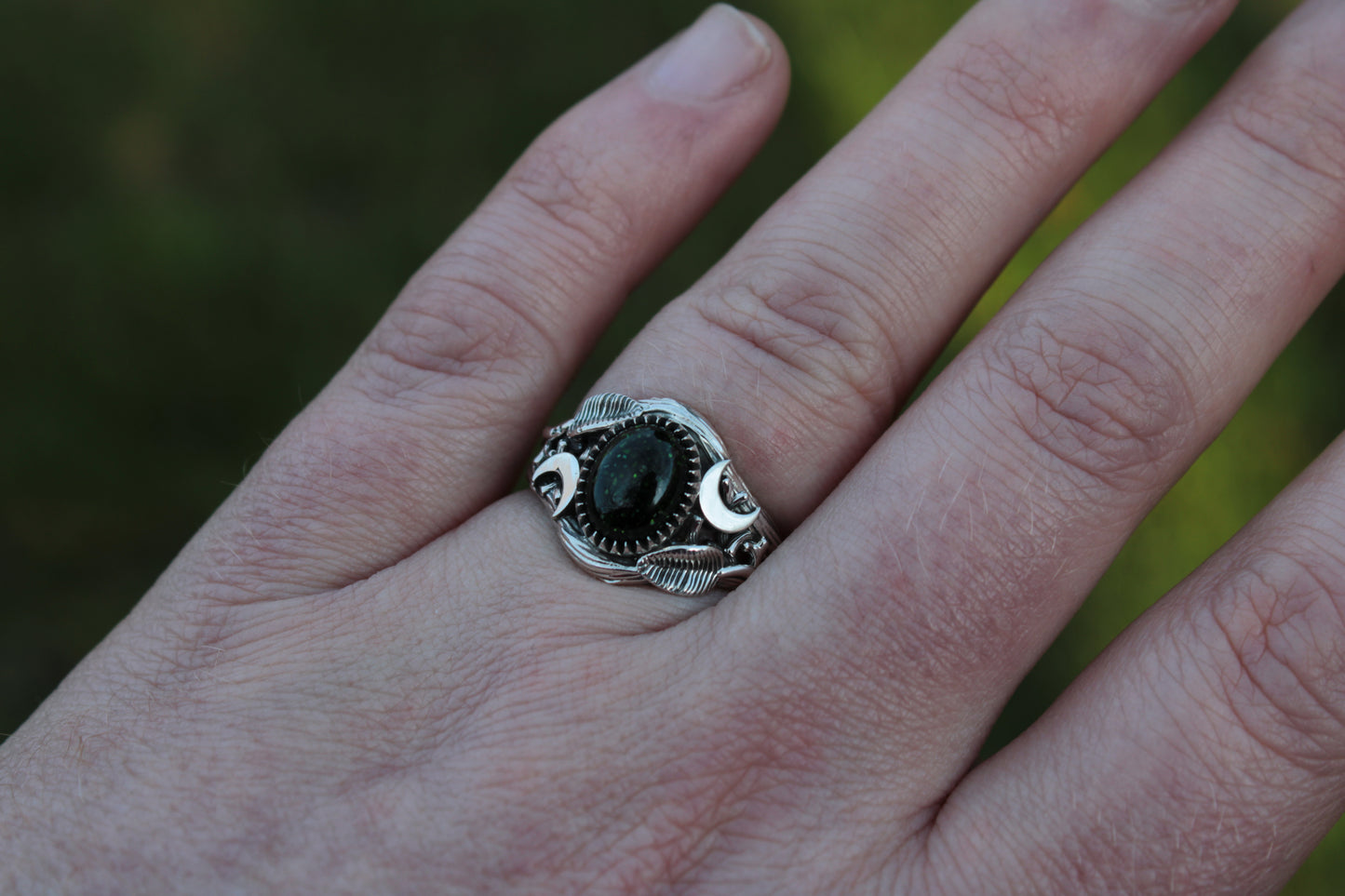 Witchlight Grove Ring - Green Sunstone Sterling Silver Ring - JF Fantasy Jewelry