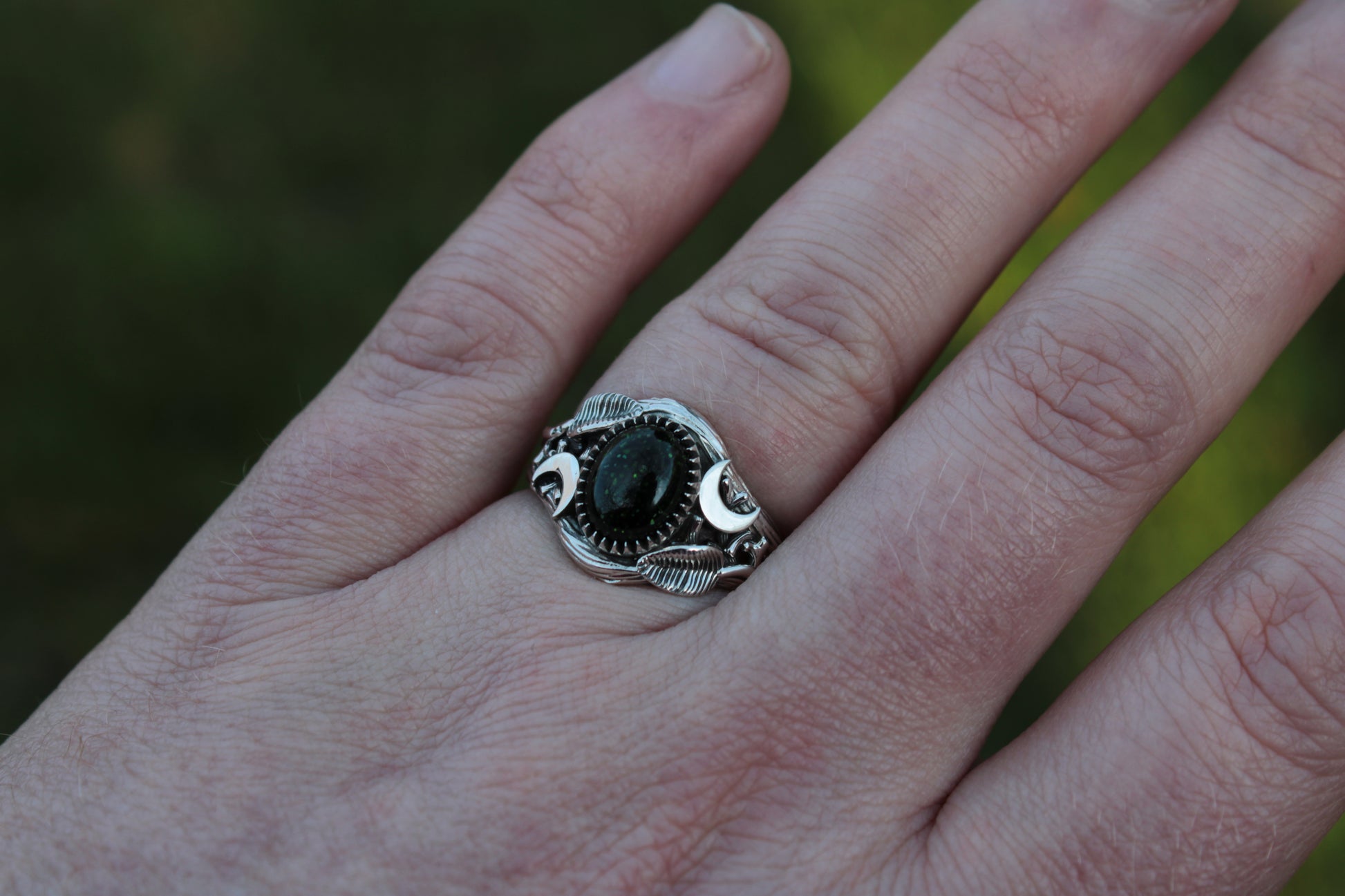 Witchlight Grove Ring - Green Sunstone Sterling Silver Ring - JF Fantasy Jewelry