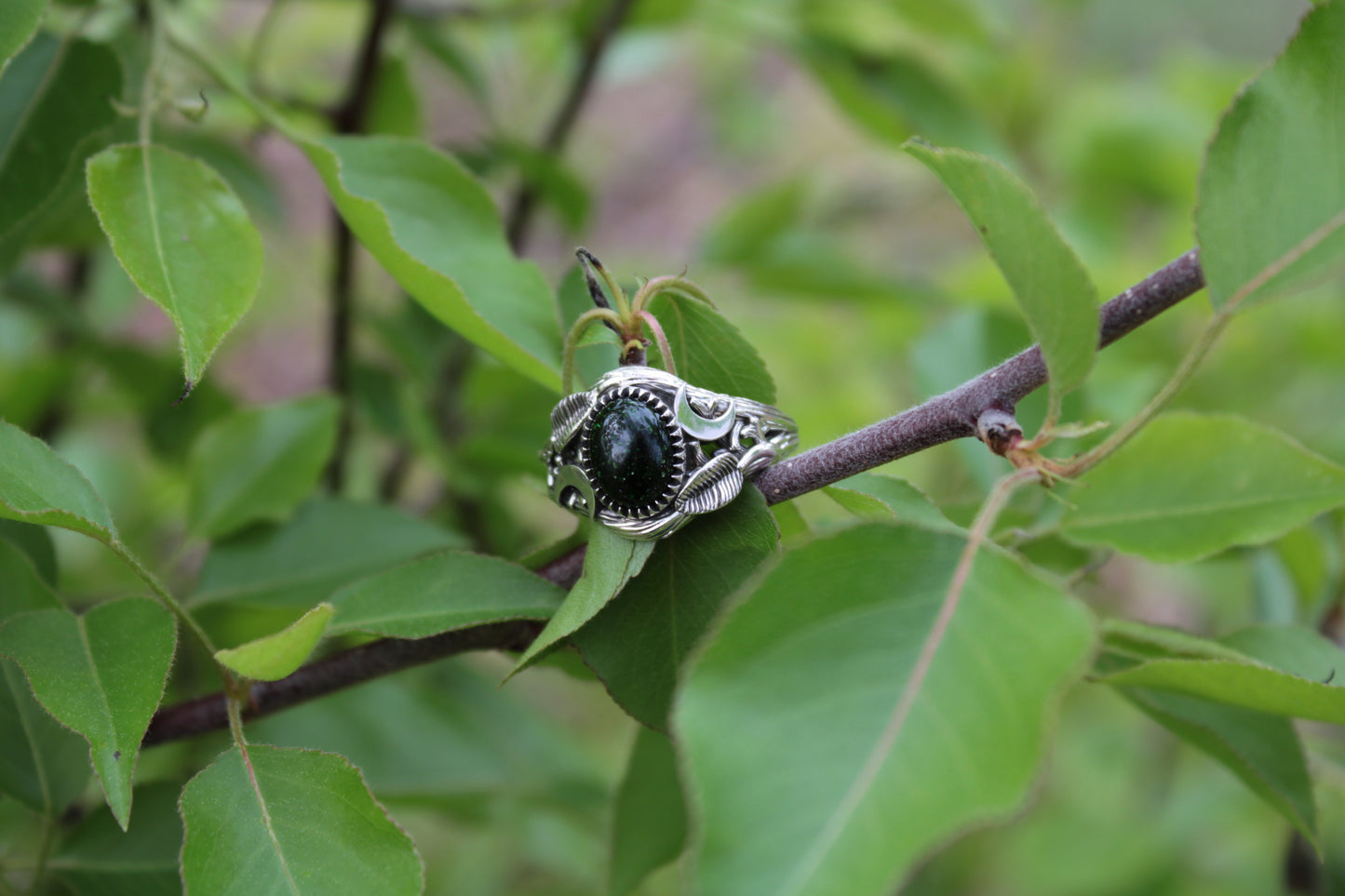 Witchlight Grove Ring - Green Sunstone Sterling Silver Ring - JF Fantasy Jewelry