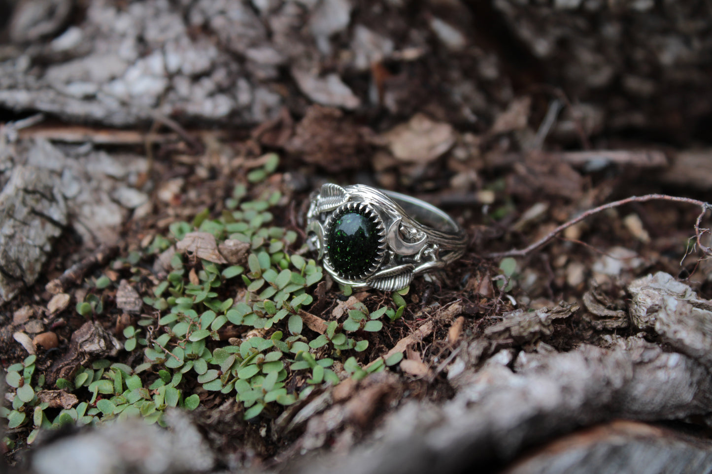 Witchlight Grove Ring - Green Sunstone Sterling Silver Ring - JF Fantasy Jewelry