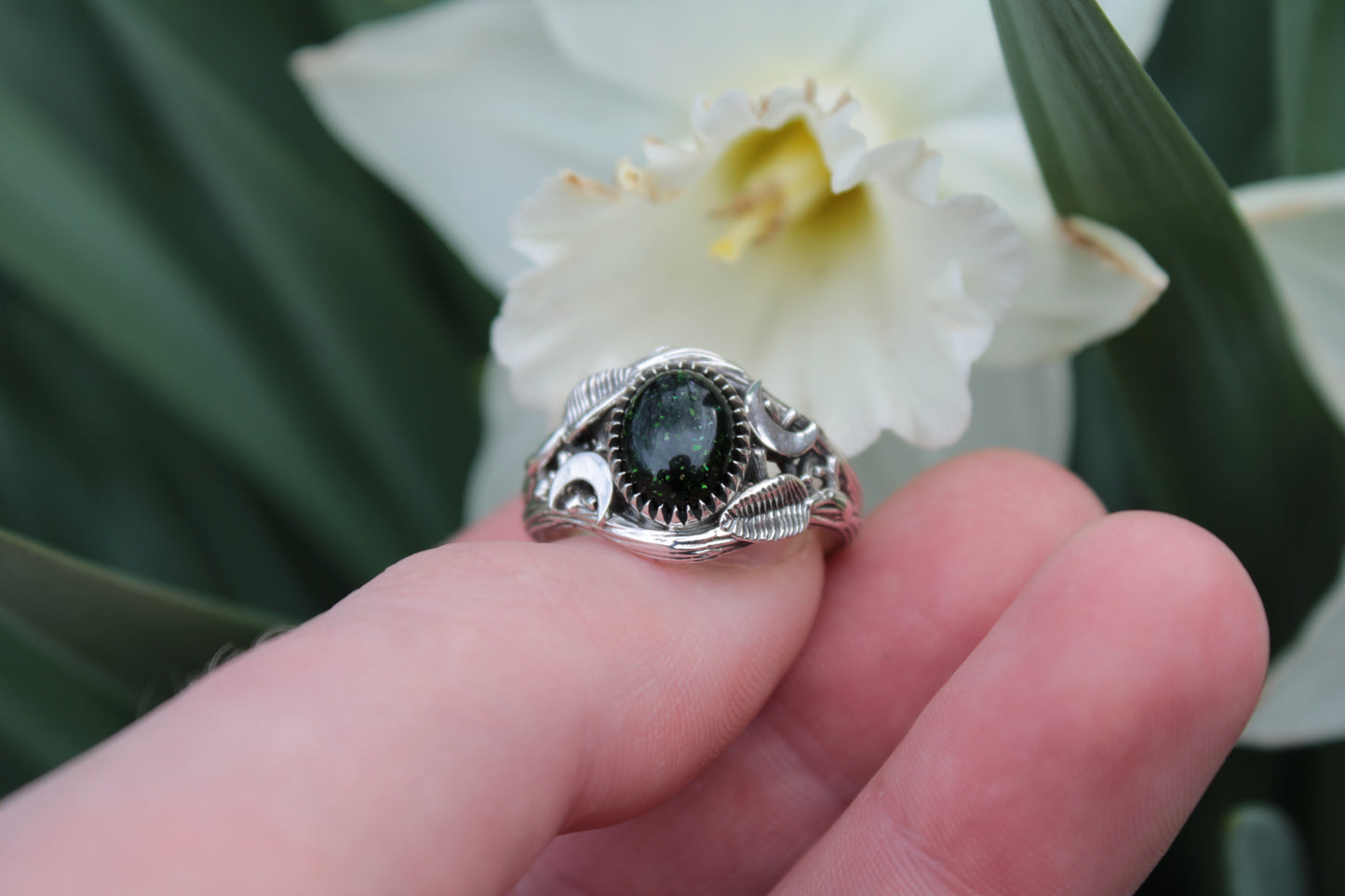Witchlight Grove Ring - Green Sunstone Sterling Silver Ring - JF Fantasy Jewelry