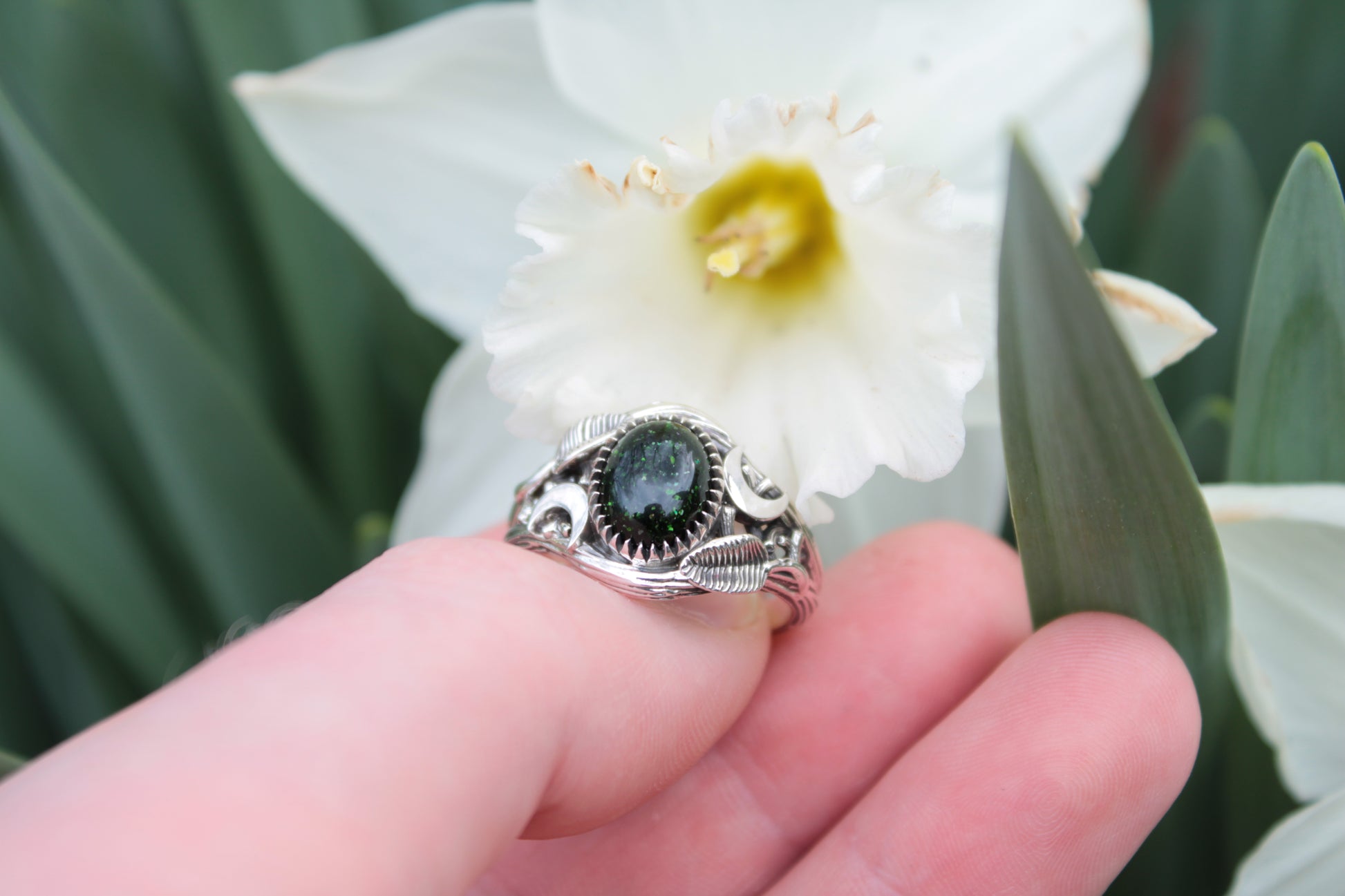 Witchlight Grove Ring - Green Sunstone Sterling Silver Ring - JF Fantasy Jewelry