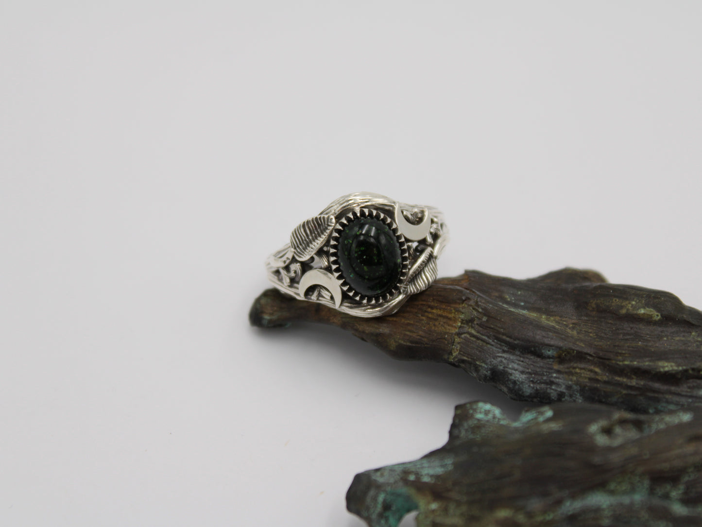 Witchlight Grove Ring - Green Sunstone Sterling Silver Ring - JF Fantasy Jewelry