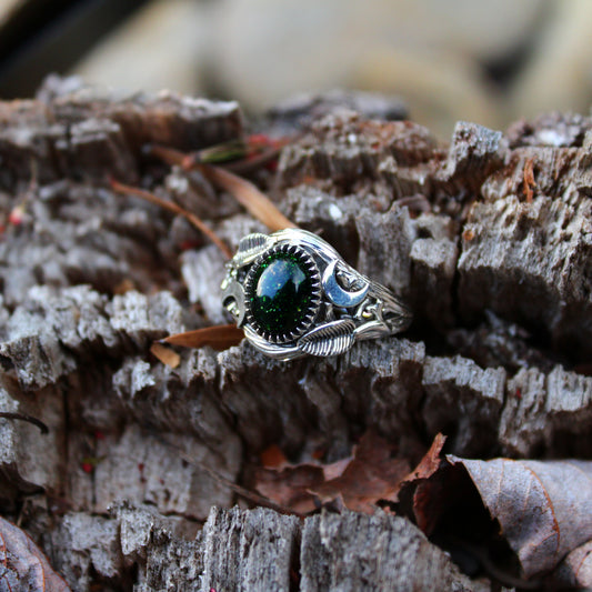 Witchlight Grove Ring - Green Sunstone Sterling Silver Ring - JF Fantasy Jewelry